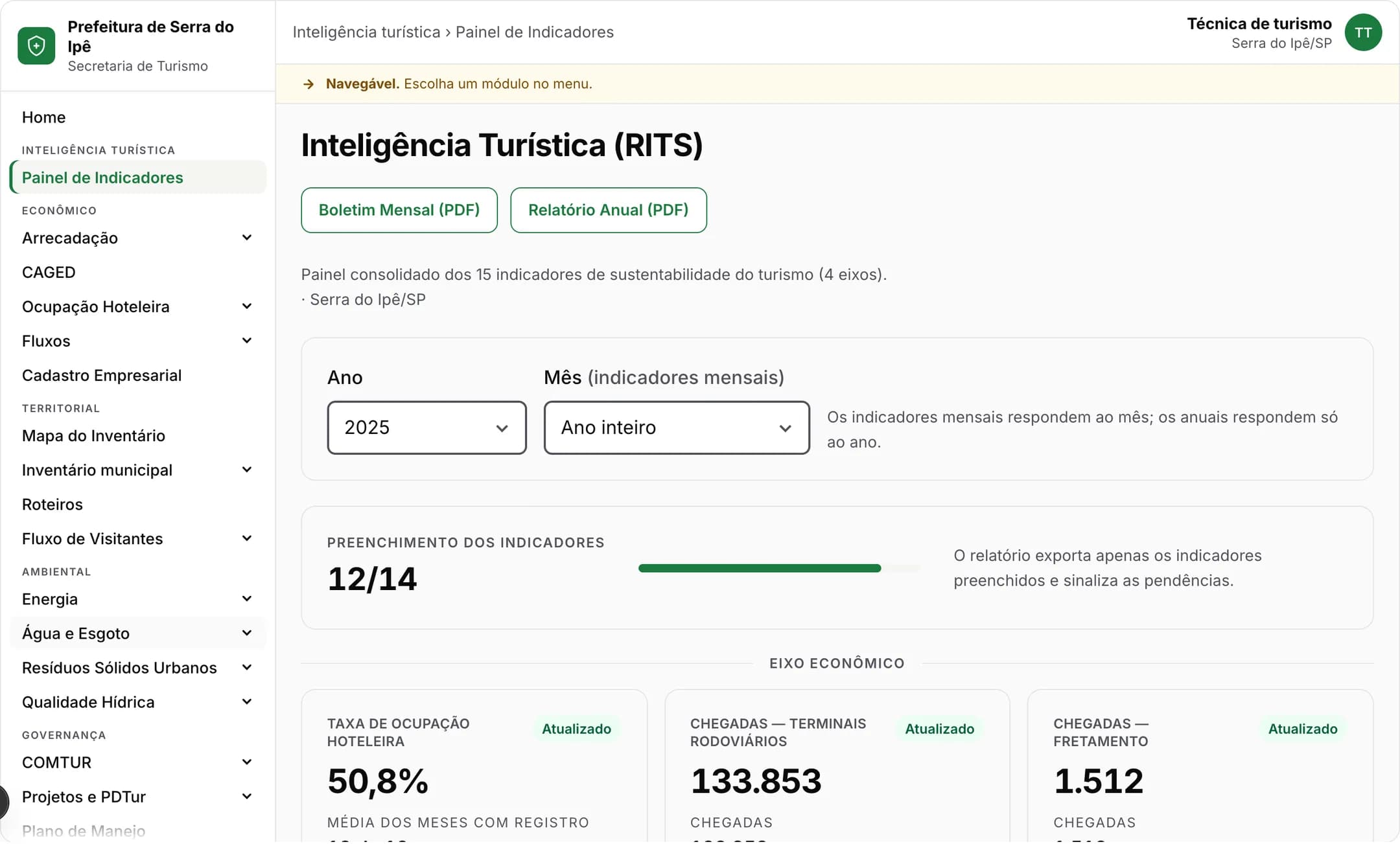 Painel de indicadores na demonstração, com barra lateral de módulos e cartões por eixo de um município fictício