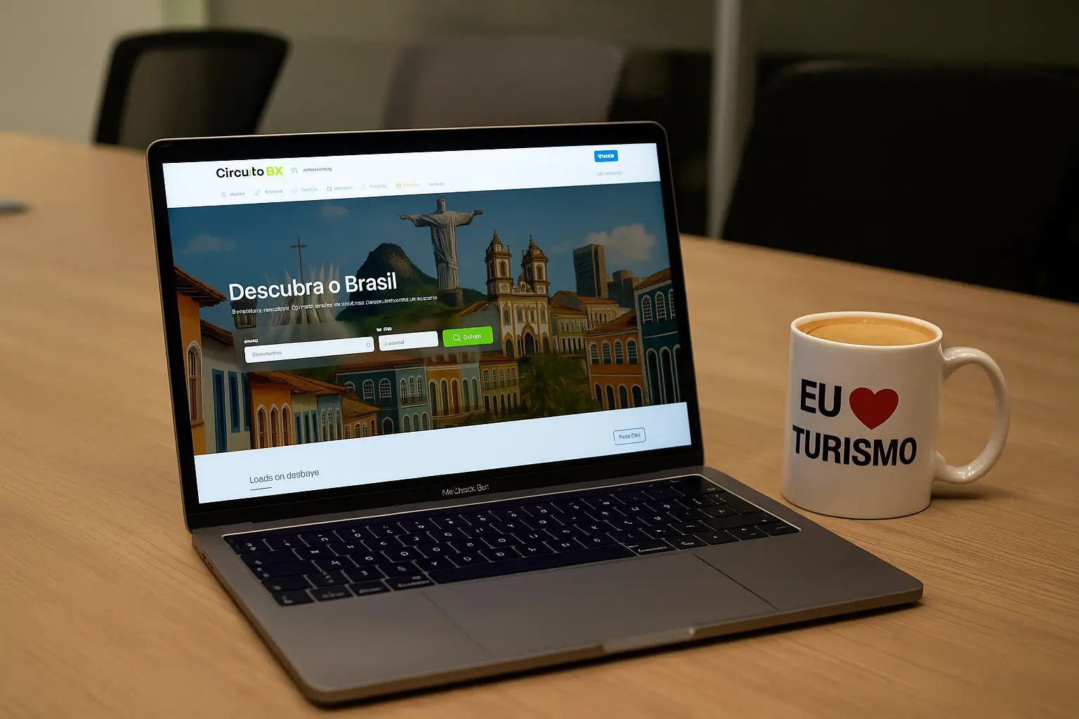 Website moderno em desktop mostrando portal turístico de cidade com agenda de eventos, mapa interativo e fotos de atrações locais