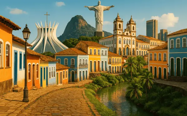 Cidade brasileira do interior com natureza e arquitetura histórica, vista aérea mostrando potencial turístico